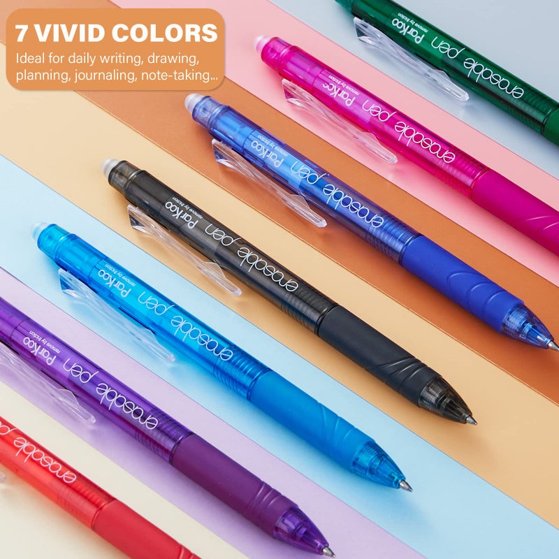 ParKoo Retractable Erasable Gel Pens Clicker, Fine Point, No Need for White Out, Assorted Color Inks for Planners and Crossword Puzzles, 7-Pack - Image 5